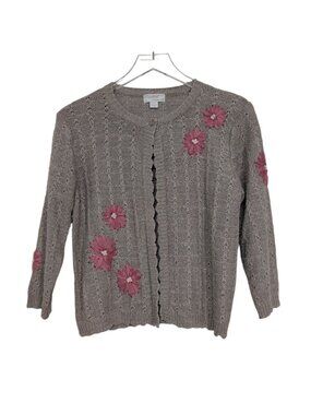 Portraits Northern Isles 100% Linen Floral Cardigan Womens Size Large Flax Beige